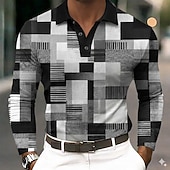 cheap Men's Color Block Polo-Men's Color Block Geometic Waffle Polo Shirts Long Sleeve Polo Shirts Collared Shirts Business Casual Business Wear to work Daily Wear Buttons Spring Fall Blue Black Navy Blue