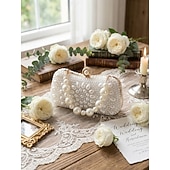 baratos Casamento ACC-Mulheres Bolsa Evening Bag Porta Moedas Bolsas de mão Pele Praia Festa Chá de Cozinha Detalhes em Pérolas Corrente Côr Sólida Geométrica Branco Bege