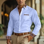 cheap Men's Non Iron Shirts-Men's Shirt Dress Shirt Non Iron Shirt Button Up Shirt Color Block Business Wedding Navy Blue Long Sleeve Turndown All Seasons Clothing Apparel Patchwork