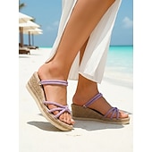 economico Donne-sandali con zeppa color lavanda da donna con cinturini intrecciati: comode scarpe estive per le vacanze, da spiaggia, da resort e per l'abbigliamento casual all'aperto