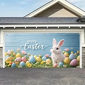 billiga Semestertapeter-Påskgarageportsskydd 157,48 x 70,87 tum söt kanin som bryter igenom väggen färgglada ägg rolig påskdekor utomhusgarage vårfest familjefest bakgrundsscen
