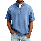 voordelige basis t-shirts-Heren Overhemd van 100% katoen met zure wassing T-shirt Korte mouw Opstaand Herfst winter Lente Herfst Effen Vintage Streetwear Casual Rits omhoog Kledingstuk geverfd Standaard Casual Huis Straat