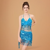 cheap Tops &amp; Sets-Samba Dancewear Purple Sequin Tassel Belly Dance Setl Performance Costume