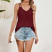 preiswerte Einfacher Tank-Damen Textur Bluse Oberteil mit Ösen Pointelle Tee Neckholder-Top Lochmuster Einfarbig Grafik Einfach Mode Klassisch Lässig Ärmellos V Ausschnitt Normale Oberteile Lässig Täglich Strand Weiß Rosa