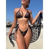 preiswerte 3-teiliges Bikini-Set-Damen Badeanzug Bikini Dreiteilig Rock Bademode Schlank Rückenfrei Urlaub Strandbekleidung Einfarbig Neckholder Ärmellos Badeanzüge
