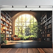 billige Veggoppheng-3D-bibliotekteppe veggteppe vintage bokhyllemønster stor stoffveggkunst buet vindu skogutsikt romdekor til stue/studie
