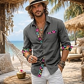 voordelige Vakantie-herenoverhemd linnen overhemd zomeroverhemd strandkleding overhemd met knoopsluiting bloemenprint casual dagelijks boho zwart wit roze grijs lange mouwen revers zomer lente &amp;herfstkleding kledingstuk