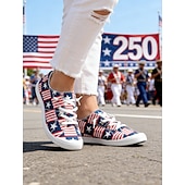  Women's Red Blue Patriotic Lace-Up Sneakers – Star & Stripe Print Casual Shoes for Independence Day Parade, National Celebrations, United States Anniversary, Walking & Streetwear