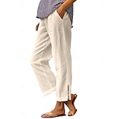  Calça chino feminina 100% algodão, ideal para o verão, férias e estilo streetwear. Comprimento total, cintura média, lisa, com bolsos, cintura elástica, confortável e sem elasticidade. Perfeita para uso diário, atividades ao ar livre e férias. Disponível