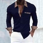 お買い得  メンズドレスシャツ-男性用 シャツ ドレスシャツ ボタンアップシャツ カラーブロック 日常 ビジネス ブラック ホワイト ルビーレッド ダークブルー 長袖 折襟 オールシーズン 衣類 パッチワーク