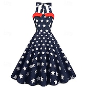 billige Kjoler-250-årsjubileum i USA 1950-tallet Retro / vintage Middag Swing kjole Halter Flare kjole Ermeløs Stjerner Kostyme Dame 4. juli Uavhengighetsdagen Voksne Kjole