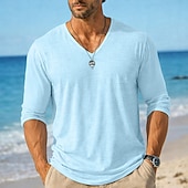 お買い得  コットンリネンTシャツ-男性用 ティートップ 長袖シャツ リネンTシャツ 長袖 Ｖネック 夏 春 春夏 純色 平織り 日常 カジュアル ストリートスタイル 平織り カジュアル アウトドア ストリート ライトブルー レイクブルー ブラック メンズトップTシャツ