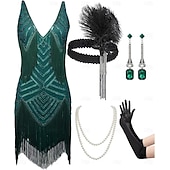 billiga 1920-talets klänningar-Set Roaring 20s 1920s Mini Dress Flapper Dress Outfits with Accessories Sleeveless The Great Gatsby Charleston Sequins Tassel Fringe Feather Deep V Fancy Dress Women's Carnival New Year Masquerade