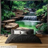 cheap Wall Tapestries-Aesthetic Zen Jungle Cave Tapestry 3D Waterfall Forest Sunlight Wall Decor Serene Nature Landscape Hanging for Yoga Studio Meditation Room