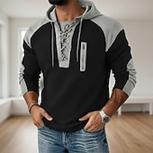 رخيصةأون تي شيرت منسوج بالوافل-رجالي تي شيرت وافل تي شيرت وافل هينلي قميص كم طويل مع قبعة ربط الحذاء حتى الرقبة الخريف خريف &amp; شتاء لون الصلبة محكم التقليدية / المعتقة هودي رباط فضفاض المنزل الأماكن المفتوحة أزرق فاتح أسود أبيض