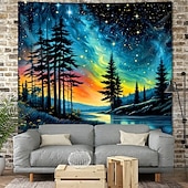 abordables Tapices de pared-Tapiz de auroras boreales, noche estrellada, bosque, colgante de pared, paisaje natural psicodélico para dormitorio, sala de estar, sala de yoga, espacio de meditación, decoración