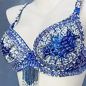 preiswerte Bauchtanzkleidung-Samba Dancewear Tiefblaues Ornamental Beaded Pailletten Bauchtanz-Set Leistungskostüm