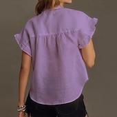 cheap Plain Blouses-Women's Linen Like Faux Cotton Linen Shirt Casual Shirt Button Up Shirt Ruched Ruffle Buttons Solid Color Plain Daily Stylish Casual Short Sleeve Stand Collar  Holiday Beach Wear Vacation Wear
