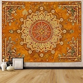 baratos Tapeçarias de Parede-Tapeçaria de parede mandala amarelo mostarda, estilo boho vintage com design floral, grande, em tons terrosos, para decoração de casa, pôster de tecido para fundo de parede.