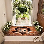 abordables Felpudo-Felpudo con ilusión 3D de gatito, impresión 2D de un gato asomándose a través de una pared de ladrillos para una entrada divertida y original, perfecta para los amantes de los gatos.