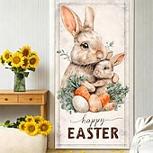 Недорогие Гаражные и дверные баннеры-Пасхальный дверной баннер, счастливый пасхальный кролик, разноцветное яйцо, бабочка, подсолнух, весенняя вывеска для крыльца, настенный гобелен, декор для дома.