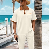 preiswerte Basic T-Shirts für Herren-2-teiliges Herren-Sommer-Waffel-Polohemd &amp;Polo-Hose, passendes Set, Strandkleidung, Alltagskleidung, Ausgehkleidung, Kordelzug, schlicht, schwarz, weiß, königsblau, Sportbekleidung, Mode