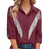 preiswerte Einfache Blusen-Damen Kleidhemd Knopfhemd Bluse Glitzer Knöpfe Strass Elegant Stilvoll Klassisch Langarm Umlegekragen Normale Oberteile Täglich Ferien Ausgehen Blau Schwarz Hellgrün Rosa Wein Sommer Frühling