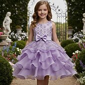 preiswerte Blumenmädchenkleider-Blumenmädchenkleid Mädchen Formelle Kleidung Hochzeitskleidung Party Hochzeit Formell Mode Prinzessin Schön Kleid für die Erstkommunion Netz Einfarbig Ärmellos Rundhalsausschnitt Blau Weiß Ab 4 Jahren