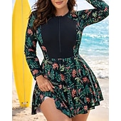 abordables Rash Guards Une Pièce-Femmes Maillot Anti UV Maillot de bain à imprimé floral Maillot de bain Tropical Protection UV Élastique manche longue Maillot de Bain Surf Plage Natation Été