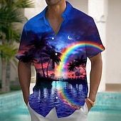 preiswerte Tropische Pflanzen-Herren Regenbogen Kokospalme Landschaft Sommer Hawaiihemd Knopfhemd Alohahemd Kurzarm Hawaiianisch Urlaub Sommer Frühling Umlegekragen 3D-Druck Hemden mit Kragen Eine Tasche vorne Blau Dunkelblau
