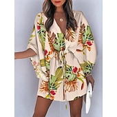 tanie Sukienki kwiatowe-Damskie Krótka sukienka mini Codzienne sukienki Sukienka A line Moda Nowoczesny Codzienny Plaża Urlop Luźna Kwiaty Tropikalny Rękaw 3/4 W serek Niebieski Żółty Rumiany róż Granatowy Lato Wiosna