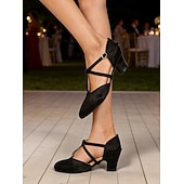 economico Scarpe da ballo di sala e danza moderna-scarpe da ballo da donna con tacco e cinturino incrociato in raso nero, professionali da sala &amp;scarpe da allenamento e performance latine