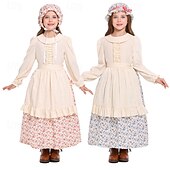 abordables Pionero / Siglo XIX-250º Aniversario de EE. UU. Siglo 19 década de 1800 Vestido de la pradera Conjunto de gorro y delantal Larga Chica pionera Colonial Pionero Guerra Revolucionaria Estampado Floral Disfraz Chica