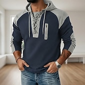 رخيصةأون تي شيرت منسوج بالوافل-رجالي تي شيرت وافل تي شيرت وافل هينلي قميص كم طويل مع قبعة ربط الحذاء حتى الرقبة الخريف خريف &amp; شتاء لون الصلبة محكم التقليدية / المعتقة هودي رباط فضفاض المنزل الأماكن المفتوحة أزرق فاتح أسود أبيض