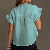 cheap Plain Blouses-Women's Linen Like Faux Cotton Linen Shirt Casual Shirt Button Up Shirt Ruched Ruffle Buttons Solid Color Plain Daily Stylish Casual Short Sleeve Stand Collar  Holiday Beach Wear Vacation Wear