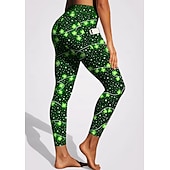  St. Patrick Women's pilates leggings fitness pants Gym Leggings Pockets Stamp Duty Side Pockets Pilates Gym Gym Workout Tights Leggings Bottoms Trees / Leaves Clover Green and Black Dark Green Sports