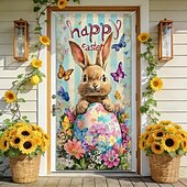 Недорогие Гаражные и дверные баннеры-Пасхальный дверной баннер, счастливый пасхальный кролик, разноцветное яйцо, бабочка, подсолнух, весенняя вывеска для крыльца, настенный гобелен, декор для дома.