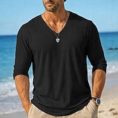 お買い得  コットンリネンTシャツ-男性用 ティートップ 長袖シャツ リネンTシャツ 長袖 Ｖネック 夏 春 春夏 純色 平織り 日常 カジュアル ストリートスタイル 平織り カジュアル アウトドア ストリート ライトブルー レイクブルー ブラック メンズトップTシャツ