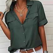 preiswerte Einfache Blusen-Damen Sommerhemd Kleidhemd Bluse Tasche Knöpfe Elegant Vintage Stilvoll Kurzarm Umlegekragen Normale Oberteile Täglich Arbeit Grün Sommer Frühling