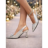 cheap Wedding Guest-Women's Silver Embellished Slingback Heels, Sculpted Statement Heel Dress Shoes for Wedding Guests at Modern City Weddings