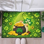abordables Felpudo-St Patrick's Day Doormat 2D Flat Print Design Featuring Gnome with Pot of Gold and Shamrocks on Sparkling Green Background