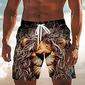 baratos Animais &amp; Aves-Homens Desenho Animado Leão Engraçado Calção Justo de Natação Shorts de Natação Bermuda de Surf Cintura Média Havaiana férias na praia Bolsos laterais Forro de malha Cintura elástica com cordão