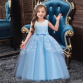baratos Vestidos de Menina das Flores-Vestido para Meninas das Flores Para Meninas Vestido formal Traje de casamento Festa Casamento Formal Moda Adorável Formal Patchwork Com Transparência Floral Princesa Sem Manga Gola Redonda Azul