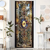 abordables Banners de Garaje y Puerta-Cortina de puerta estilo vitral vintage con patrón barroco ornamentado, mampara de privacidad colgante, tapiz decorativo para puerta de casa y oficina.
