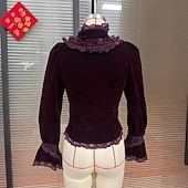 preiswerte Schicke Blusen-Damen Hemd Samt Bluse Knöpfe Einfach Vintage Stilvoll Basic Langarm Hoher Ausschnitt Normale Oberteile Täglich Ferien Ausgehen Rote Frühling Herbst