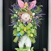 cheap Home Decor-2 Pack Large Easter Bunny Swag Wreath for Front Door, 24" Artificial Spring Bunny Hanger with Lavender Eggs &amp; Green Bows, Whimsical Farmhouse Easter Wall Porch Decor, Cute Outdoor Holiday Decoration