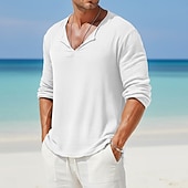 cheap Cotton Linen T-shirts-Men's Linen Shirt T Shirt Tee Long Sleeve Shirt Long Sleeve V Neck Summer Spring &amp;  Fall Solid Color Vintage Fashion Casual V Neck Plain Casual Daily Work Black White Navy Blue Top Tee for Men