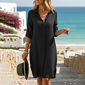 cheap Dresses-Women's Mini Dress Cotton Linen Dresses Shirt Dress Modern Outdoor Vacation Going out Regular Fit Plain Half Sleeve Shirt Collar Black White Light Blue Summer Spring