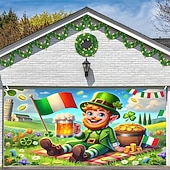 abordables Garage &amp; Door Banners-St. Patrick's Day Tapestry Garage Door Cover Large Hanging Backdrop Elf Cute 3D Party Outdoor Holiday Shooting Backgrounds Yard Home Decor