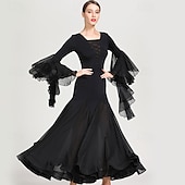 economico Sala da Ballo Standard-abito da ballo da sala nero da donna con scollo a V, maniche a balze multistrato, abito da valzer, abbigliamento da ballo moderno standard da competizione